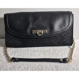 DKNY Convertible Clutch Shoulder Bag Black Signature Fabric & Leather Gold Hdwr